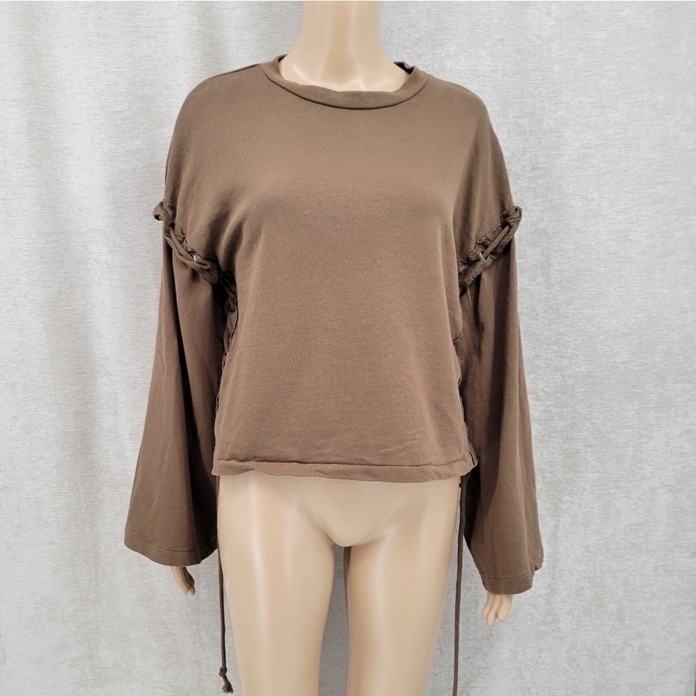 Zara Trafaluc Women's Small Brown Crewneck with Rope Tie Side Bell Sleeves